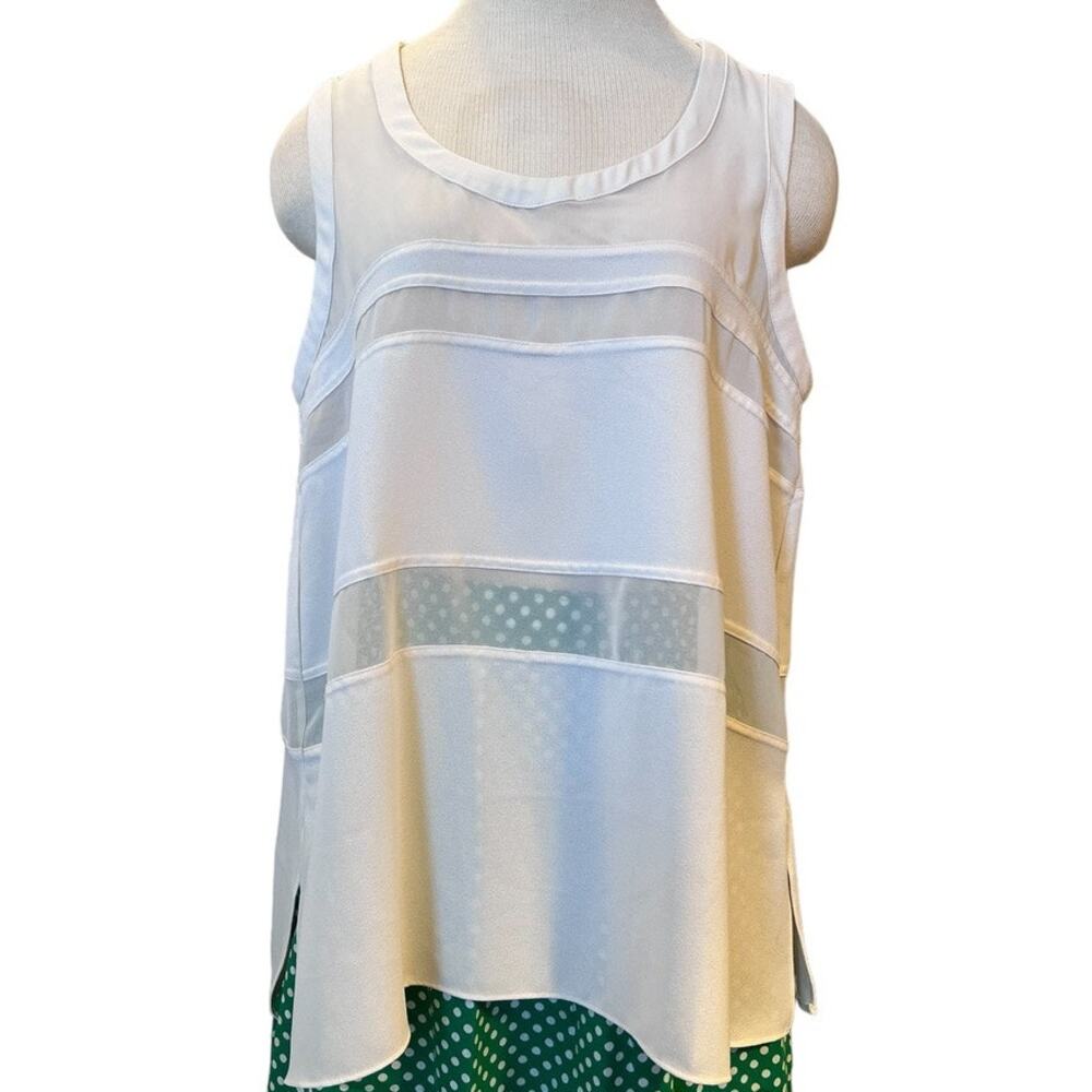 Wynne Layers Semi Sheer Stripe Sleeveless Shirt Tank Sz M White Minimalist Sleek